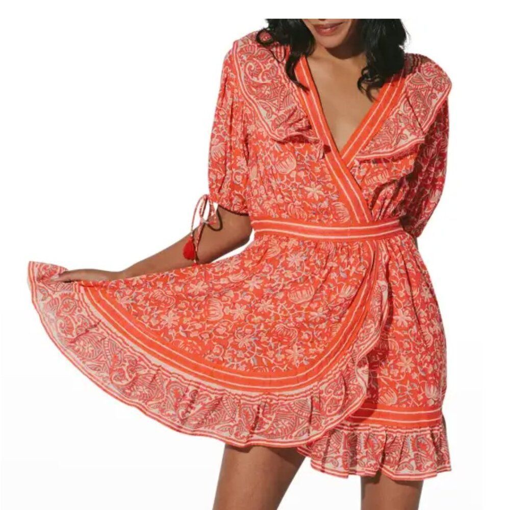 CLEOBELLA Blair Tassel-Cuff Ruffle Mini Dress, Red Floral, Size XS